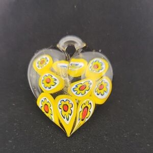 Vinyage Murano Yellow Millifiori Glass Puffed Heart  1-1/2" Handmade Pendant